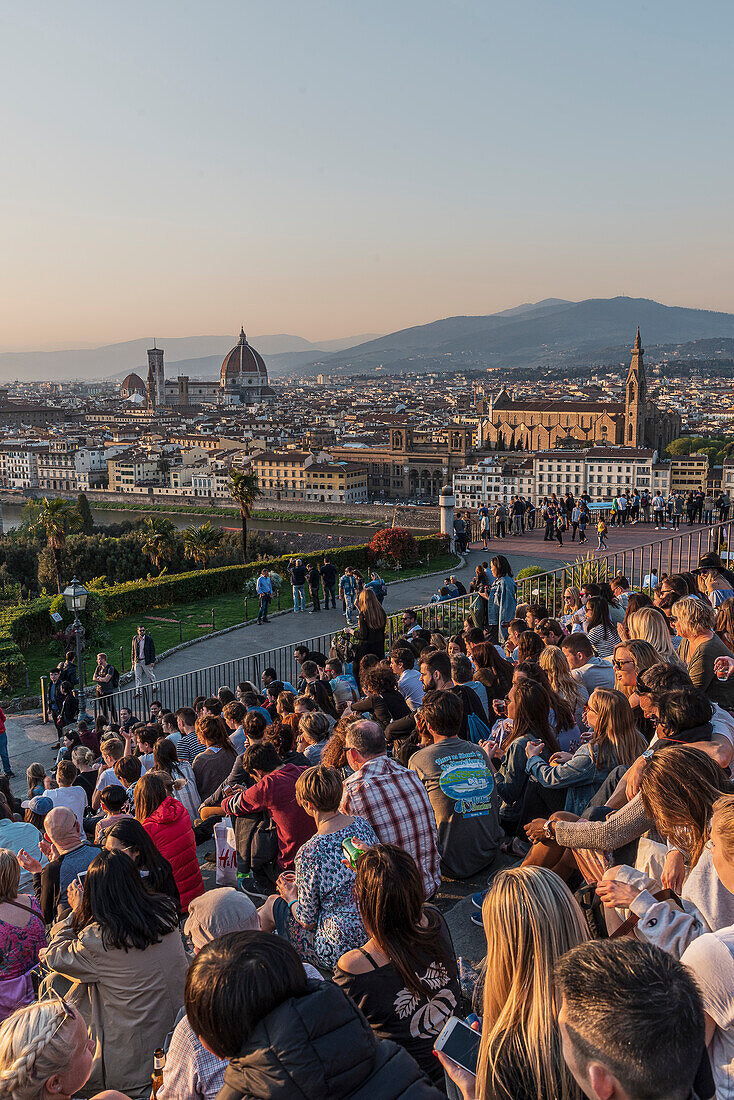 People photographing skyline, Florence city panorama from Piazzale Michelangelo, Tuscany, Italy, Europe