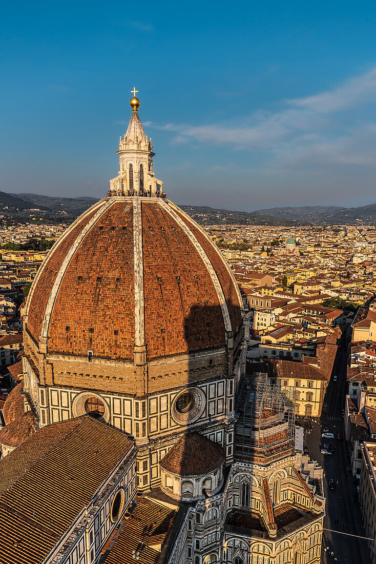 View from the Campanile of the Duomo bell tower on the dome, Duomo Santa Maria del Fiore, Duomo, Cathedral, Florence, Tuscany, Italy, Europe