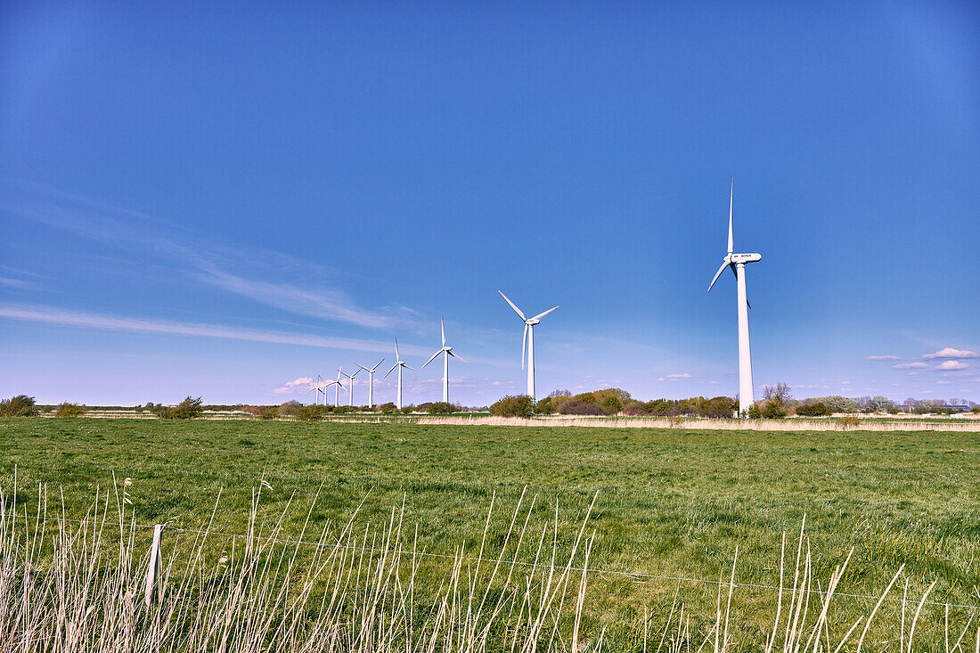 Wind Turbines On The Coast In The Evening Light; Padingbüttel, 27632 Wurster North Sea Coast, Lower Saxony, Germany