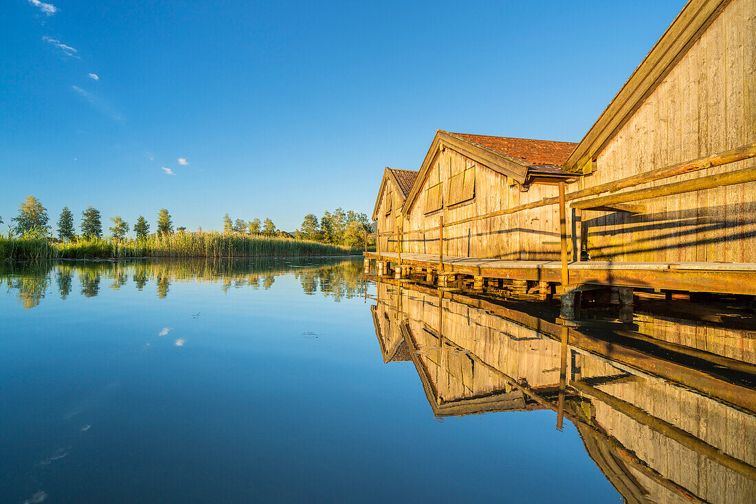 Boat huts at the Kochelsee, Schlehdorf, Upper Bavaria, Bavaria, Germany