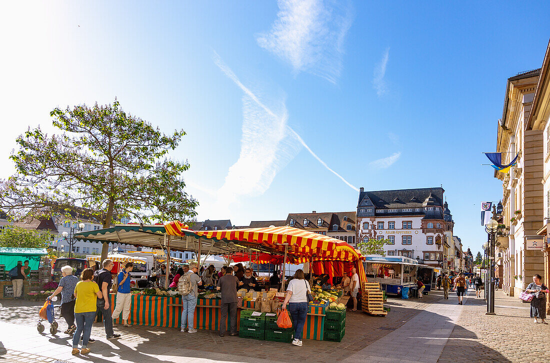 Rathausplatz mit Wochenmarkt mit Blick auf die Adler-Apotheke in Landau in der Pfalz, Rheinland-Pfalz, Deutschland