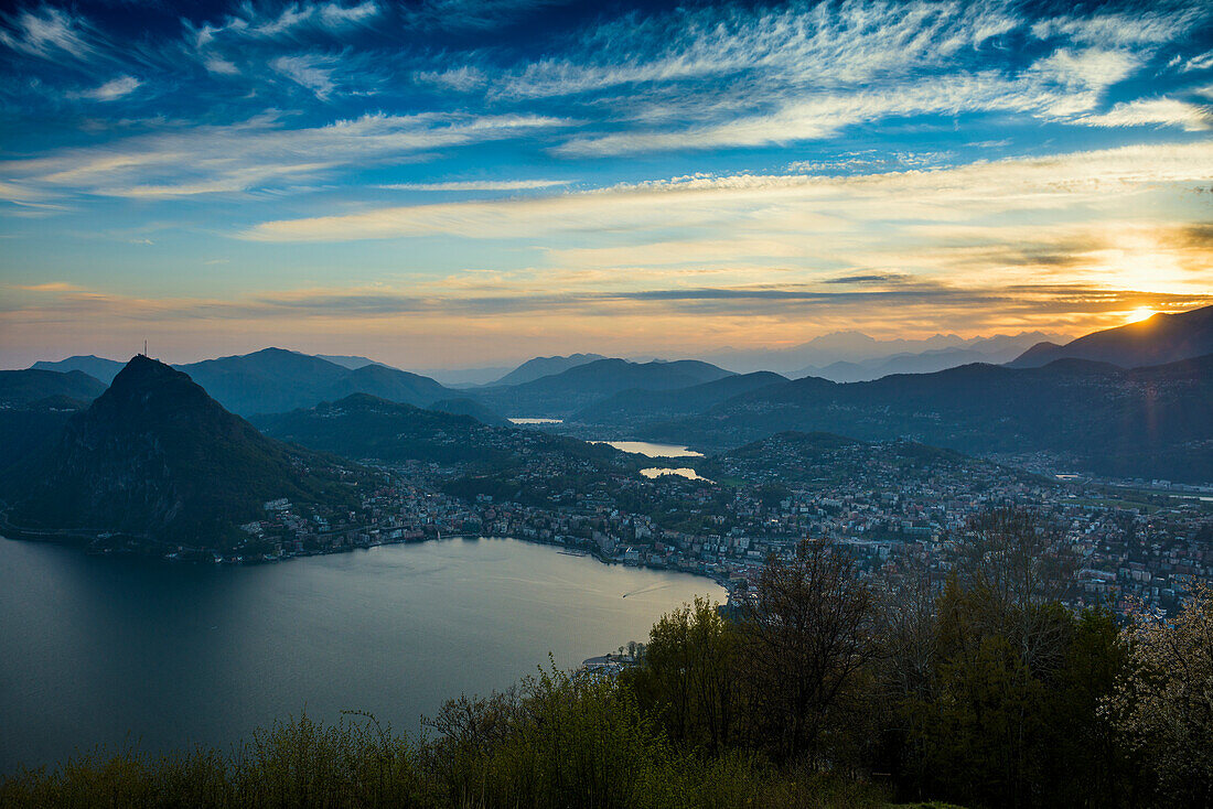 Panorama, view of Lugano from Monte Brè, Lugano, Lake Lugano, Lago di Lugano, Ticino, Switzerland