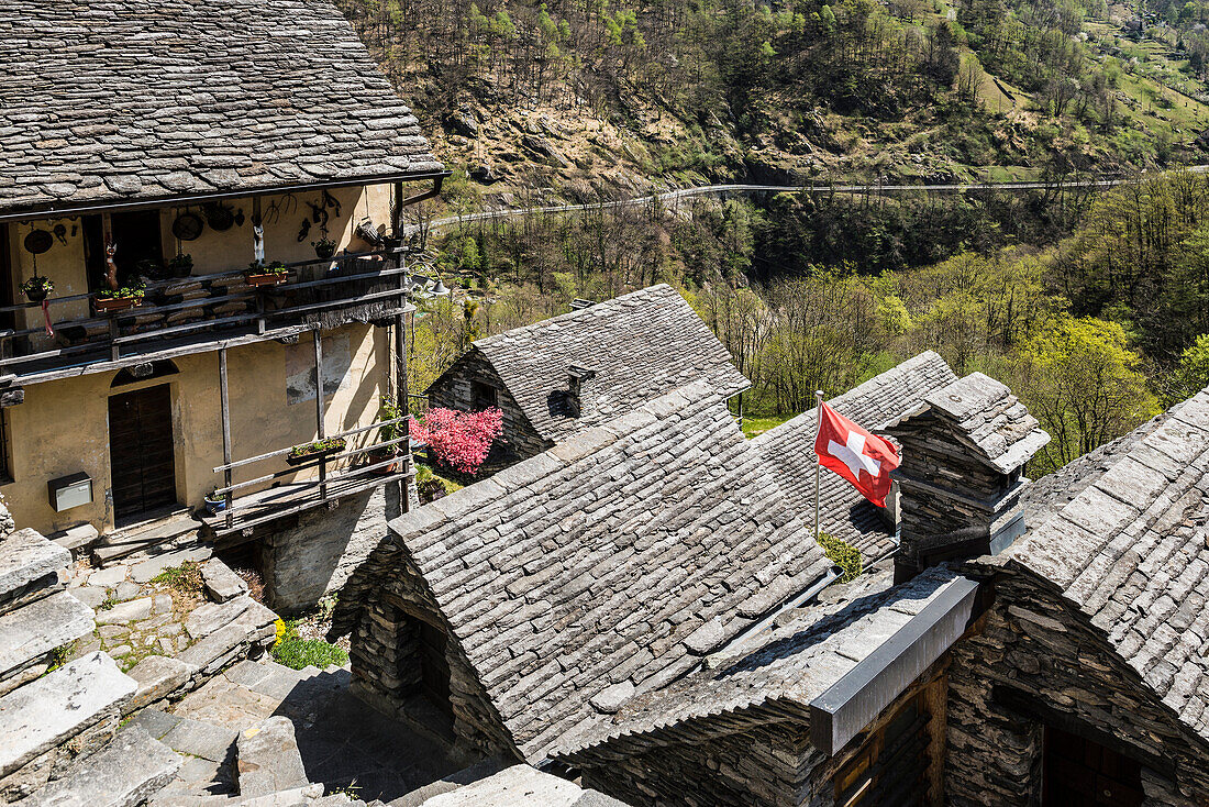 Typical stone houses made of granite rock, Corippo, Verzasca Valley, Valle Verzasca, Ticino, Switzerland