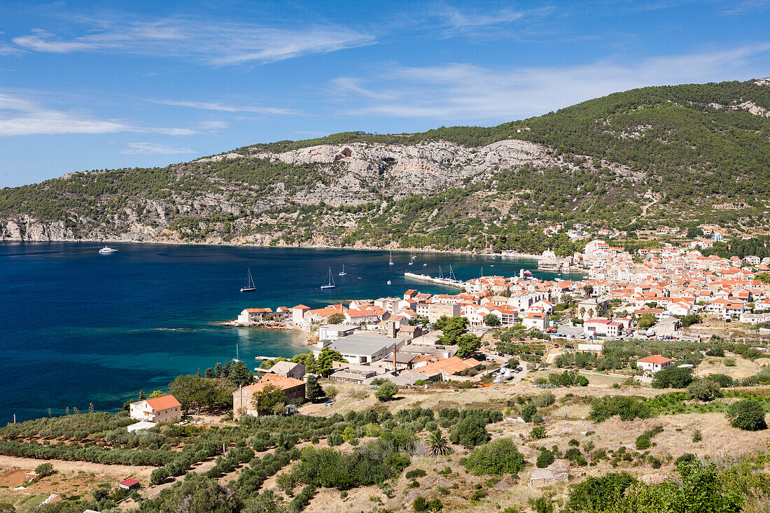 Bay of Komiza town, Vis island, Mediterranean Sea, Croatia