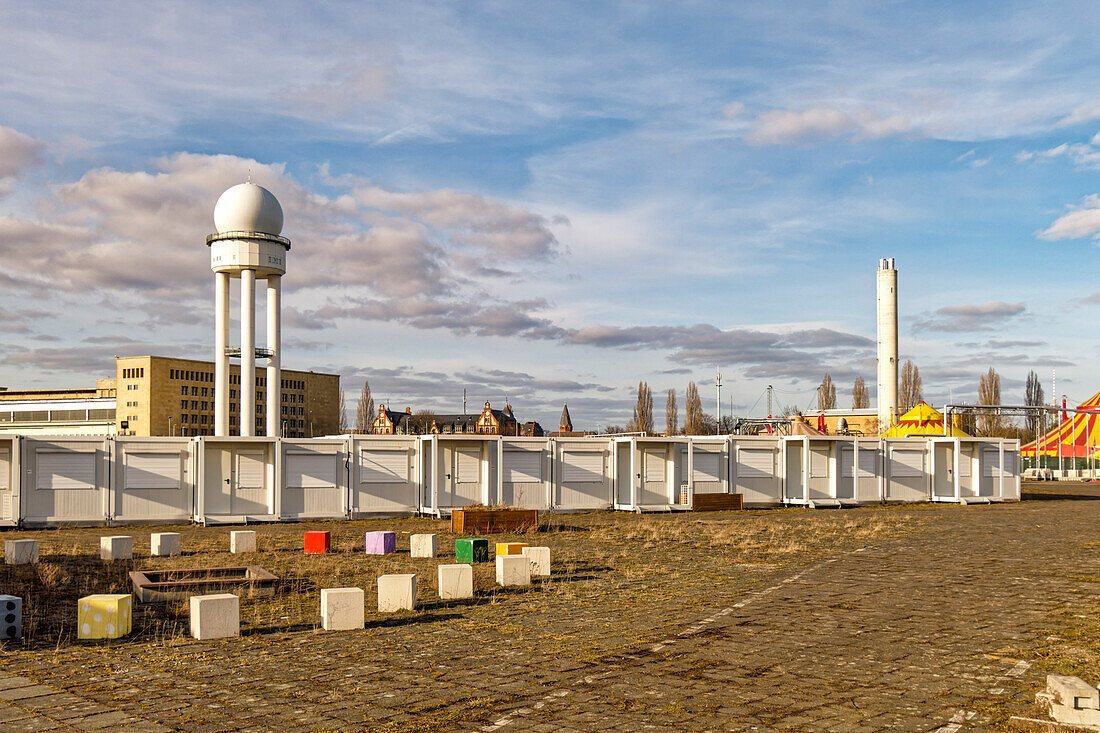 Tempelhofer Feld, radar tower of the former Berlin-Tempelhof Airport, empty accommodation containers for asylum seekers, Berlin, Germany, Europe