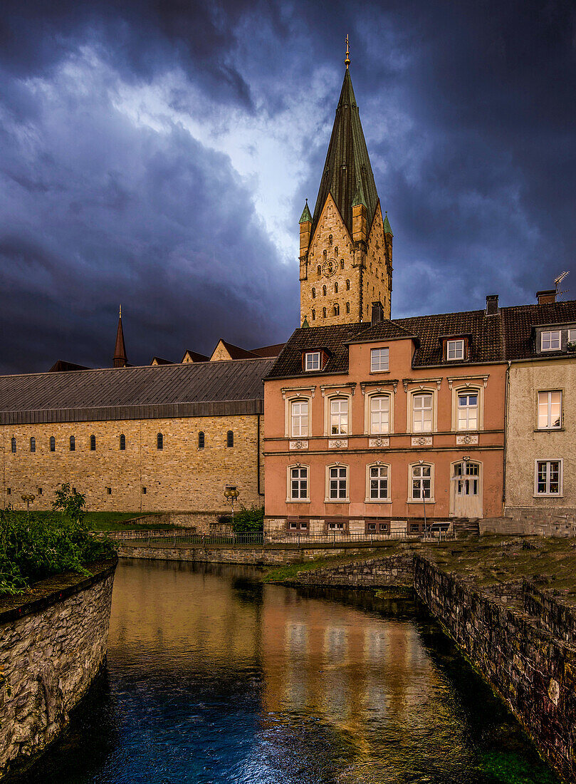 View over the Rothoborn to the Imperial Palace and the Cathedral in Paderborn, North Rhine-Westphalia, Germany