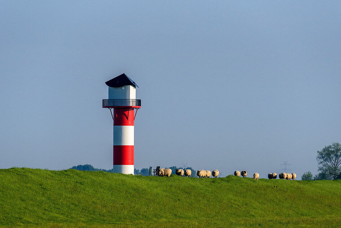 Lighthouse on the Elbe dike near Glueckstadt, Glückstadt, North Sea coast, Schleswig Holstein, Germany, Europe