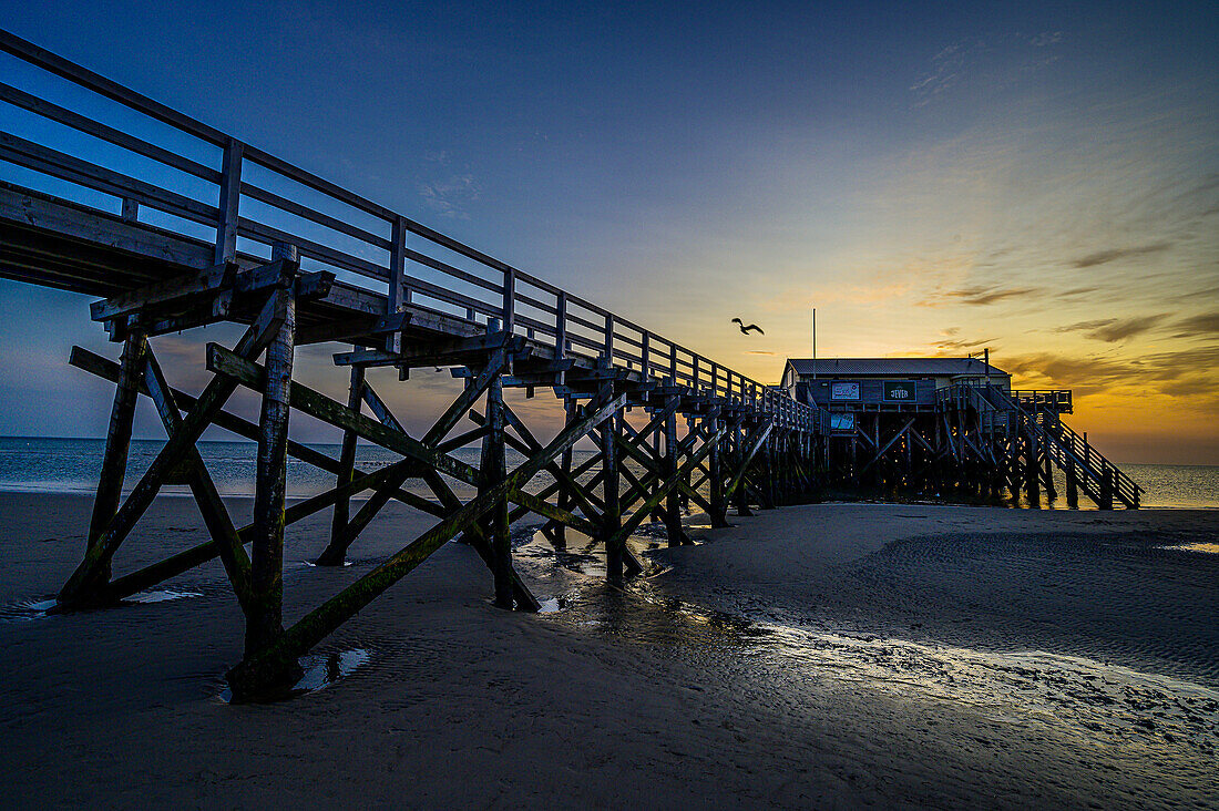 Sankt Peter Ording stilt houses on the beach, Sankt Peter Ording, North Friesland, North Sea coast, Schleswig Holstein, Germany, Europe