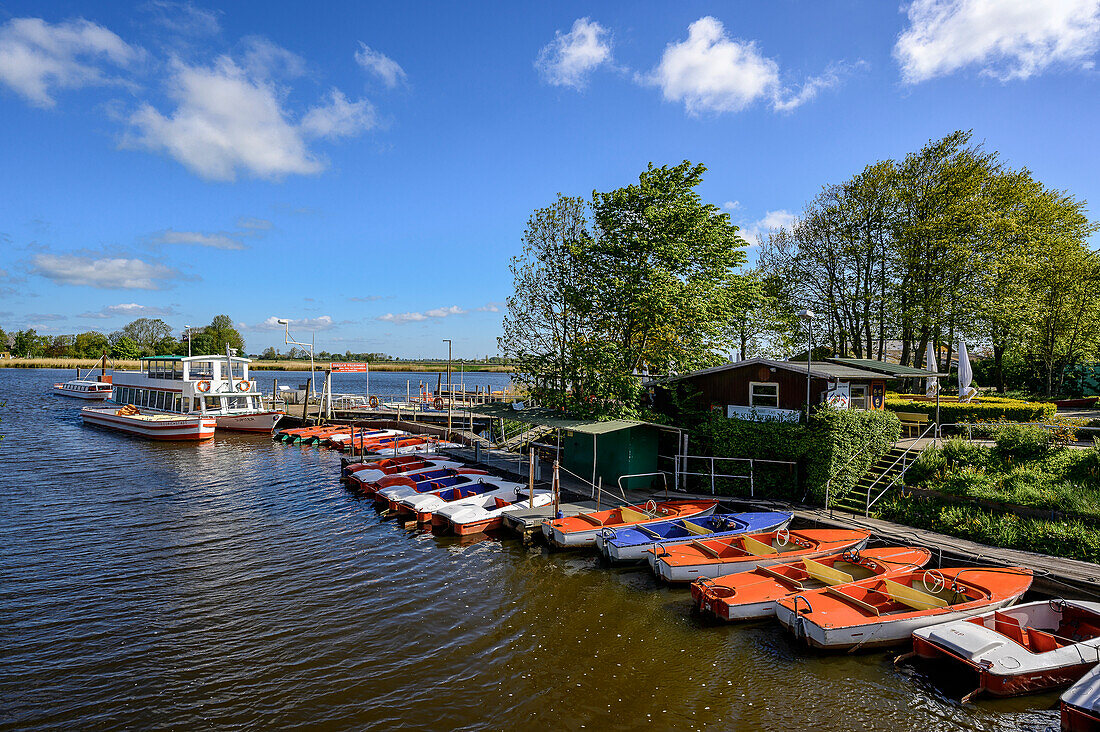 Pedal boat rental at the Treene, Friedrichstadt, North Friesland, North Sea coast, Schleswig Holstein, Germany, Europe