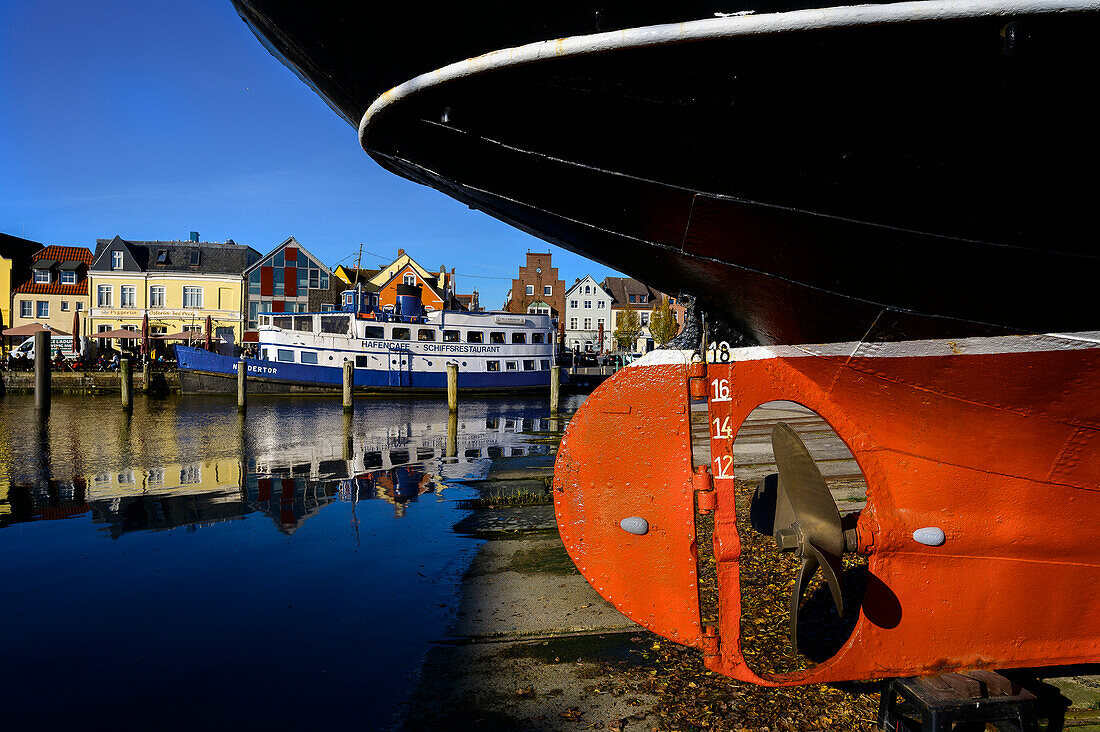 Aten cutter on slipway, inland port, Husum, North Friesland, North Sea coast, Schleswig Holstein, Germany, Europe