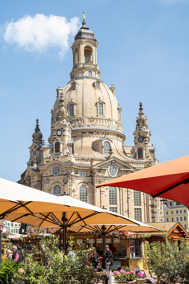 Sunny day at Neumarkt in Dresden with Frauenkirche in the background.