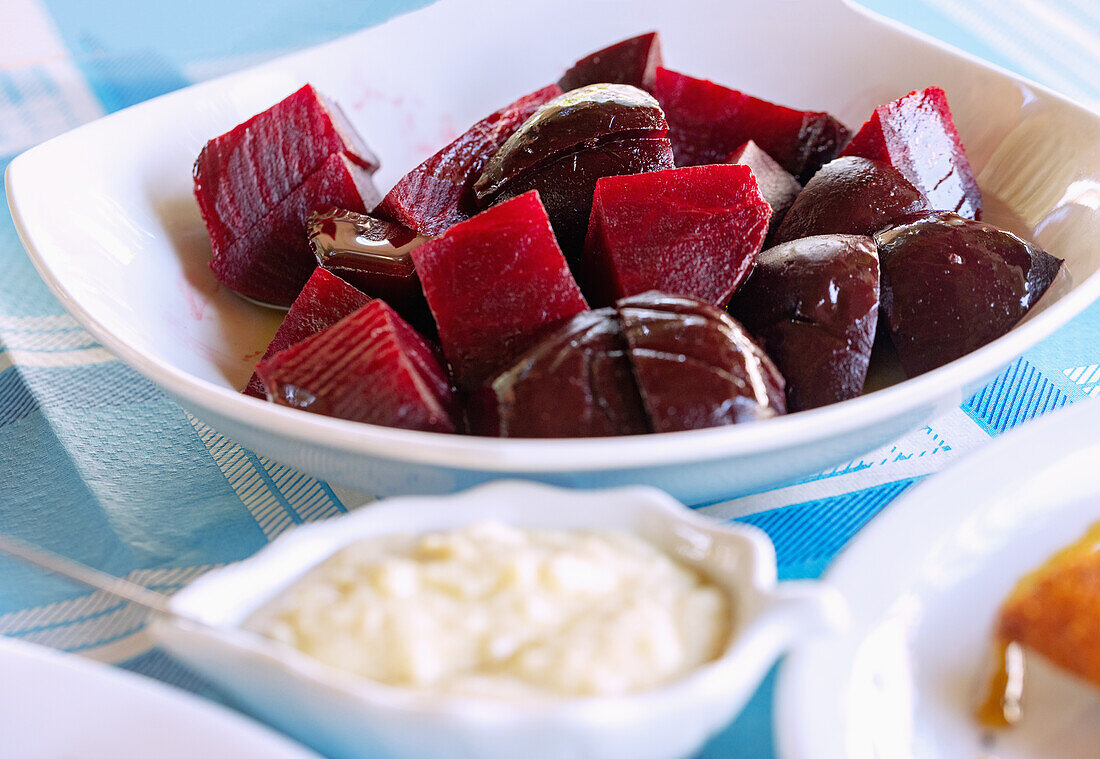 Beetroot with skordalia served at To Steki Tou Manoli taverna on the Platea of Paleokastro on the island of Samos in Greece