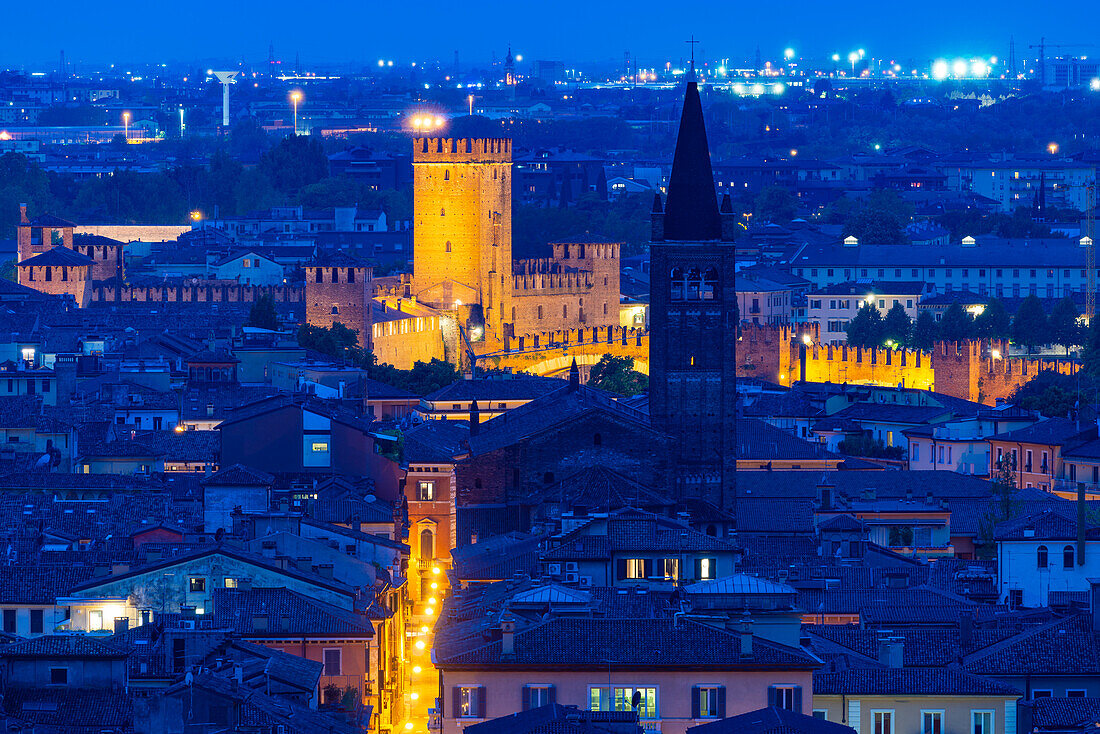 View of the illuminated Castelvecchio Castle and the Church of San Lorenzo, Verona, Veneto, Italy, Europe