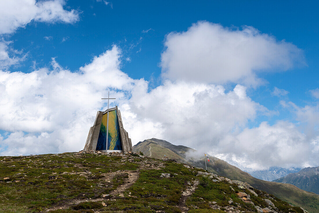 Contemporary chapel on the Krahberg, European long-distance hiking trail E5, crossing the Alps, Zams, Tyrol, Austria