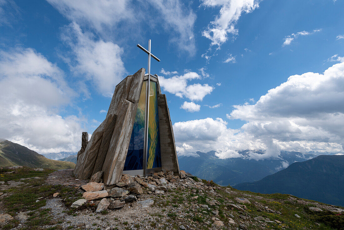 Contemporary chapel on the Krahberg, European long-distance hiking trail E5, crossing the Alps, Zams, Tyrol, Austria