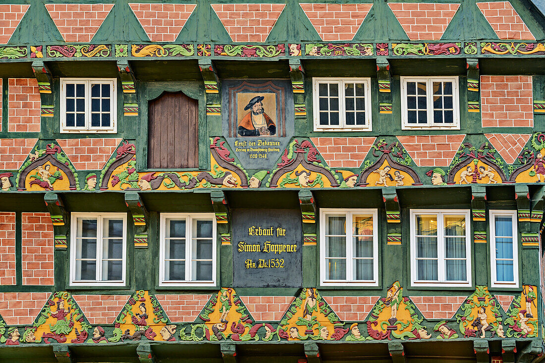 Facade of a half-timbered house, Celle, Heidschnuckenweg, Lower Saxony, Germany