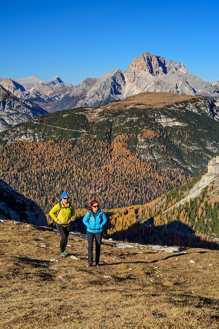 Man and woman hiking with Hoher Gaisl in the background, on Monte Campedelle, Drei Zinnen, Dolomites, UNESCO World Natural Heritage Dolomites, Venetia, Veneto, Italy