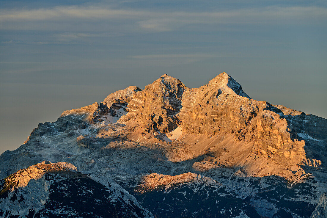 Tofanen im ersten Licht, vom Strudelkopf, Dolomiten, UNESCO Weltnaturerbe Dolomiten, Südtirol, Italien