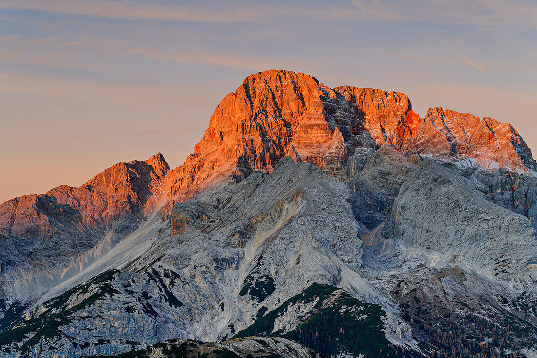 Hohe Gaisl im Alpenglühen, vom Strudelkopf, Dolomiten, UNESCO Weltnaturerbe Dolomiten, Südtirol, Italien