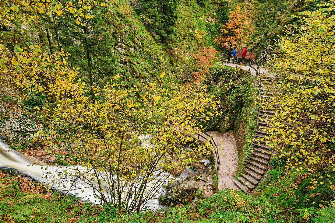 Drei Personen blicken auf herbstliche Allerheiligen-Wasserfälle, Allerheiligen, Nationalpark Schwarzwald, Schwarzwald, Baden-Württemberg, Deutschland