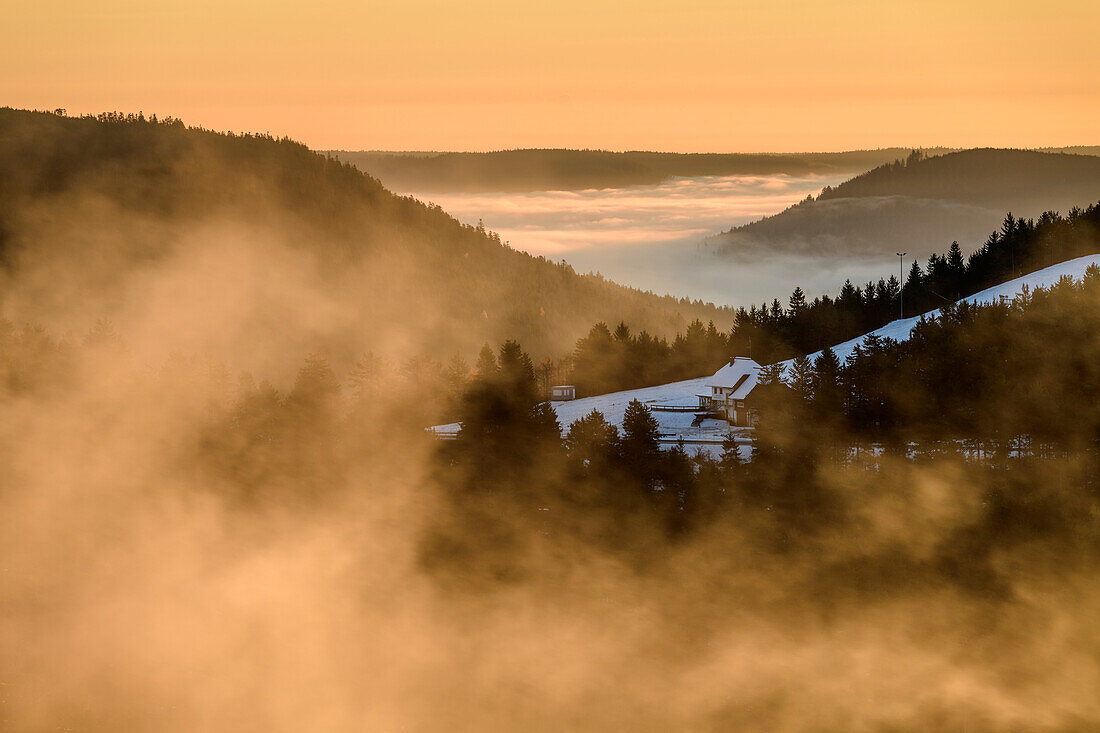Nebelstimmung mit Blick über das Seibelseckle hinweg ins Langenbachtal, Nationalpark Schwarzwald, Schwarzwald, Baden-Württemberg, Deutschland