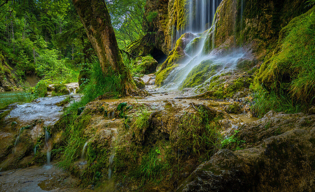 At the wild and romantic Schleier Falls in the Ammer Gorge near Saulgrub, district of Garmisch-Partenkirchen, Bavarian Alpine foothills, Upper Bavaria, Bavaria, Germany, Europe