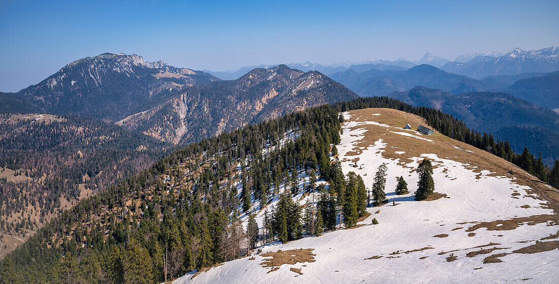 On the way to the Hirschhörndlkopf with a view of the Benediktenwand, Bavaria, Germany