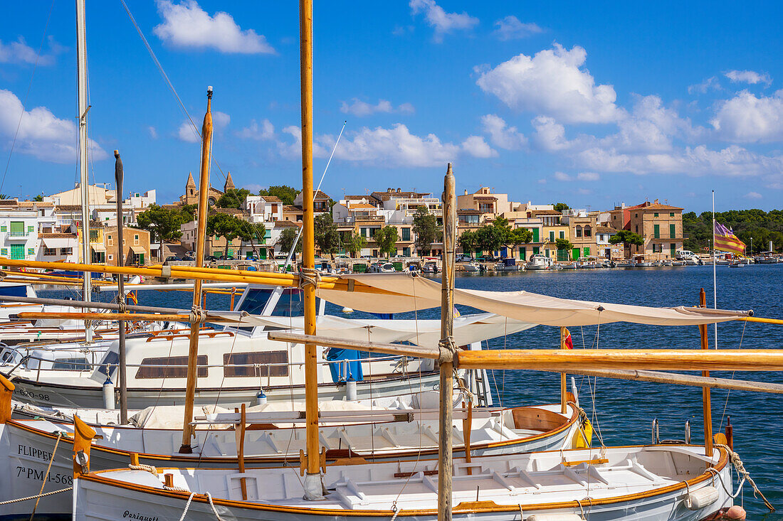 Sailing boats in Portocolom harbour, Mallorca, Balearic Islands, Spain, Europe