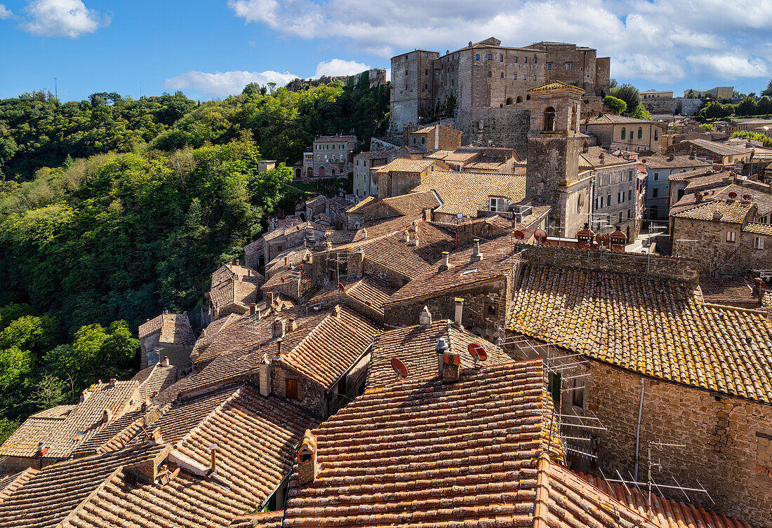Above the rooftops of Sorano, Grosseto Province, Tuscany, Italy, Europe