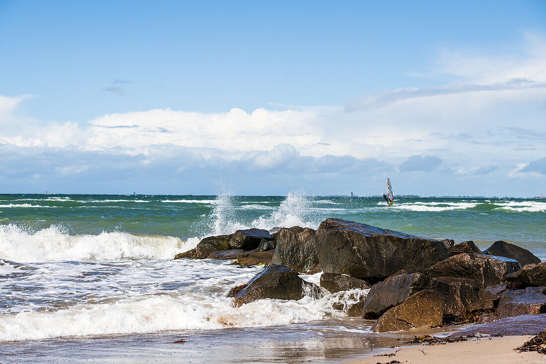 Waves and stones in the Baltic Sea, Heiligenhafen, Baltic Sea, Ostholstein, Schleswig-Holstein, Germany