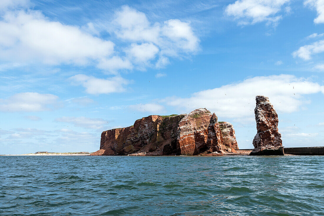 View from the water on the Vogelfelsen and the Lange Anna on Heligoland, North Sea, island, Schleswig-Holstein, Germany