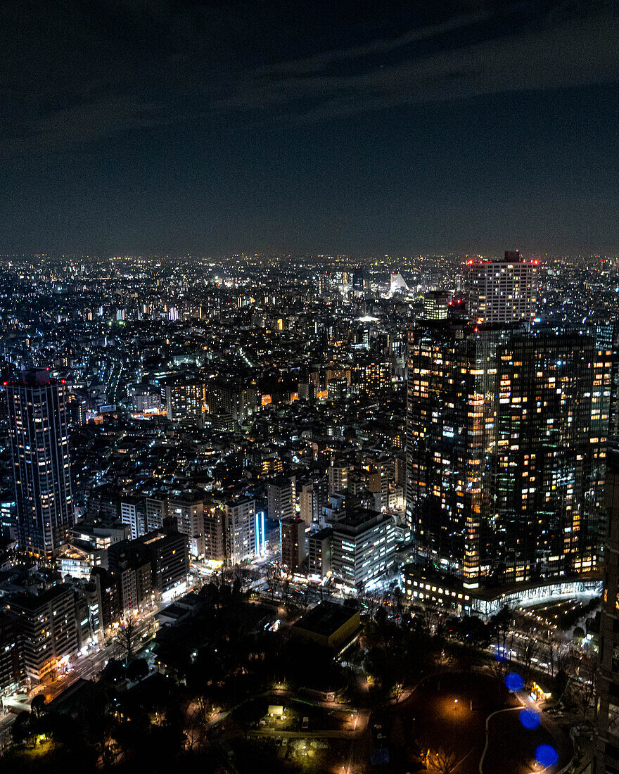 Blick auf Wolkenkratzer der Metropole Tokio bei Nacht, Japan, Asien