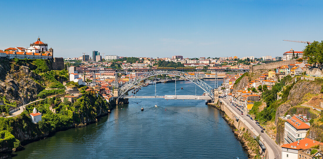 View from the Ponte Infante Dom Henrique on the old town of Porto with the Ponte Dom Luís I and the Douro riverbank, Porto, Portugal
