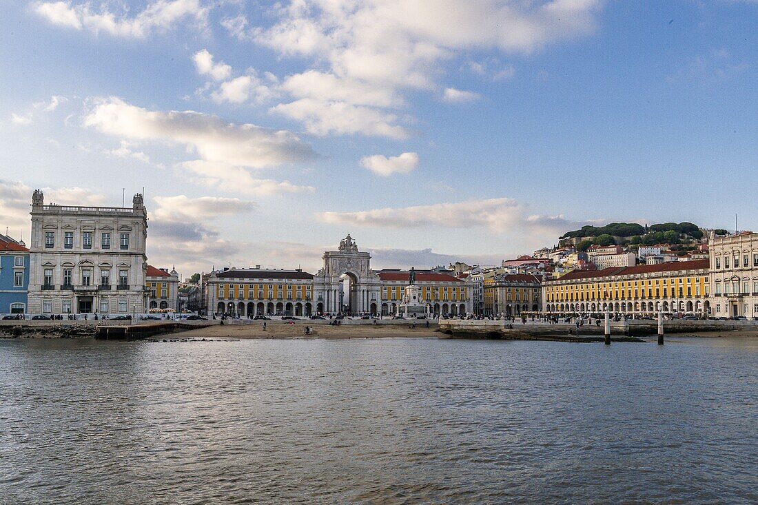 The Praça do Comércio (Commerce Plaza) is a large, harbour-facing plaza in Portugal's capital, Lisbon as seen from the river Tagus