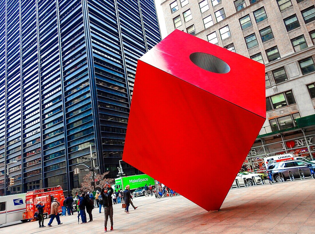 New York. US. The Red Cube at Broadway 140