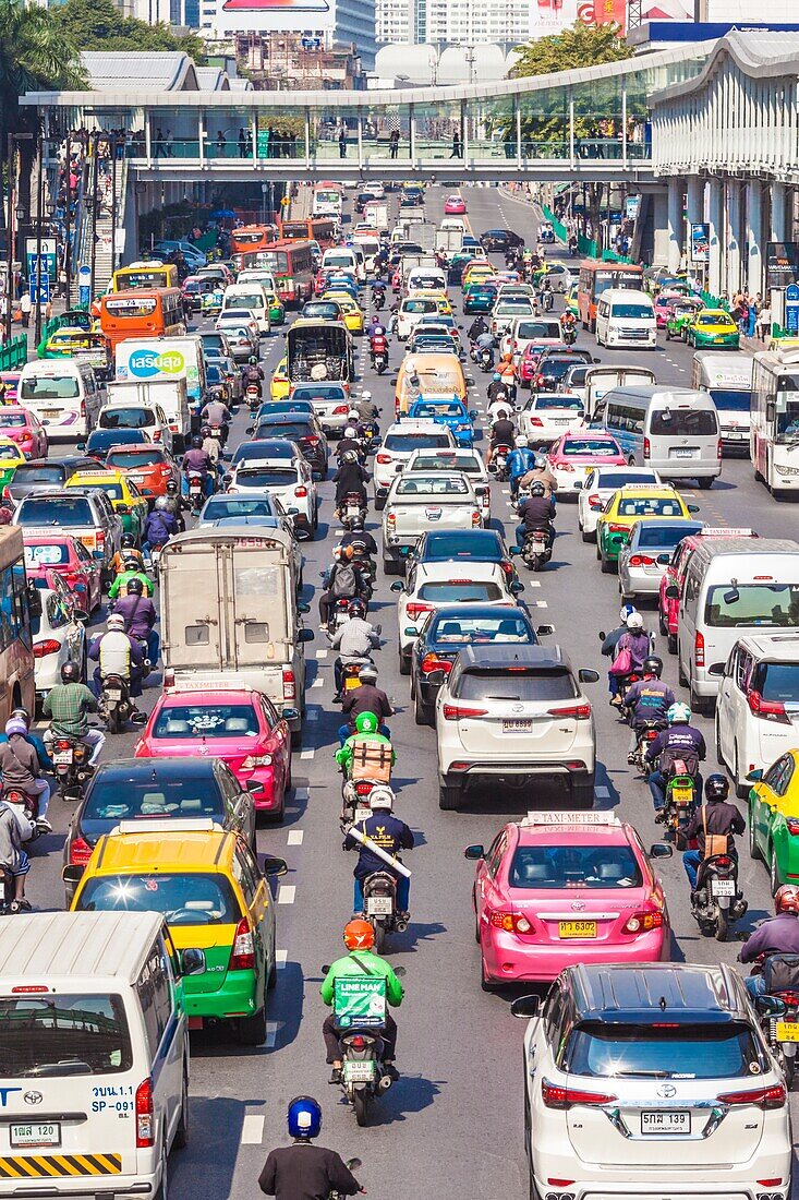 Thailand,Bangkok,Siam Square Area,traffic on Ratchaprarop Road.