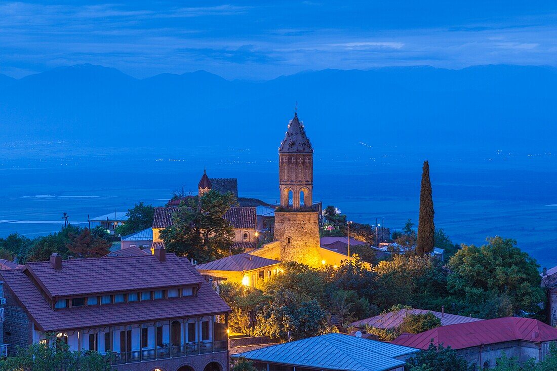 Georgia,Kakheti Area,Sighnaghi,high angle town view,dusk.