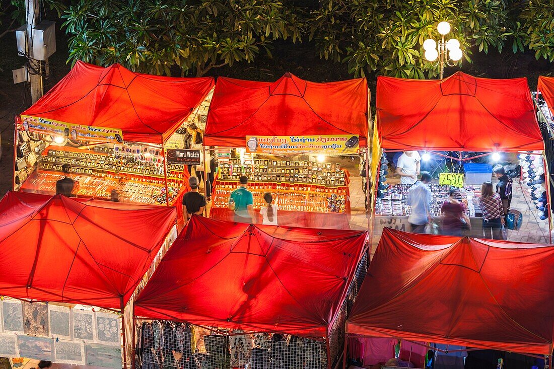 Laos,Vientiane,Mekong Riverfront Night Market,high angle view,dusk.