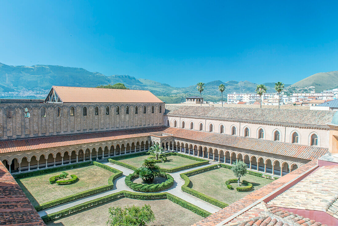 Recreation of a 12th century Byzantine monastery cloister with a garden, Monreal, Italy
