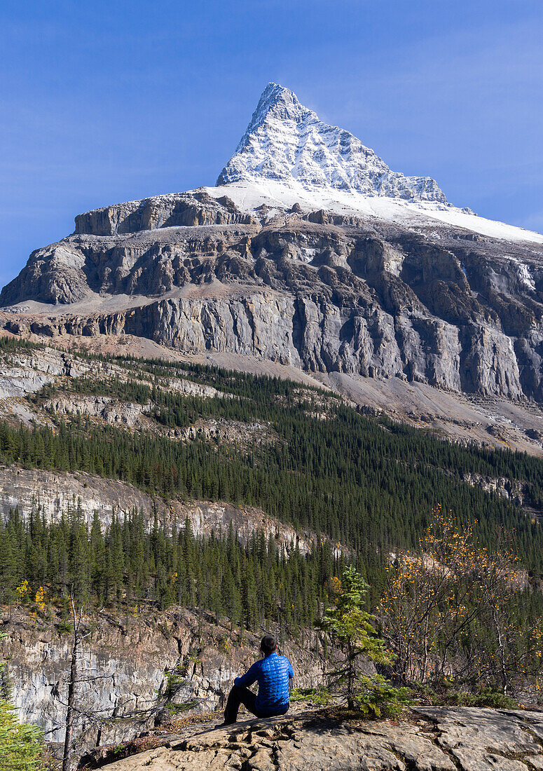 Person looking up at snow-covered Mount Robson, Canada
