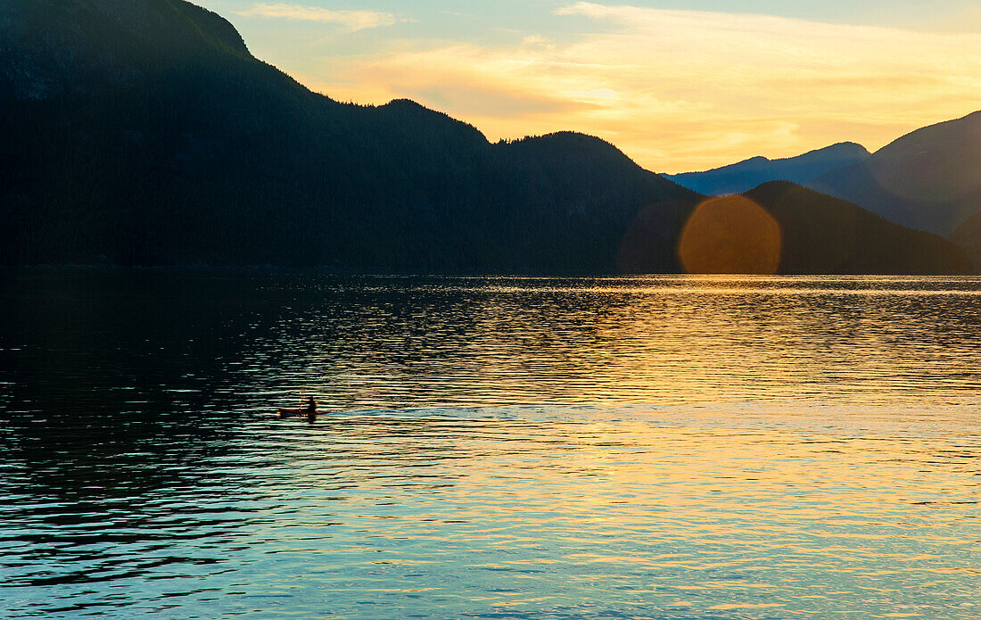 One person kayaking at sunset in Howe Sound near Porteau Cove, Canada