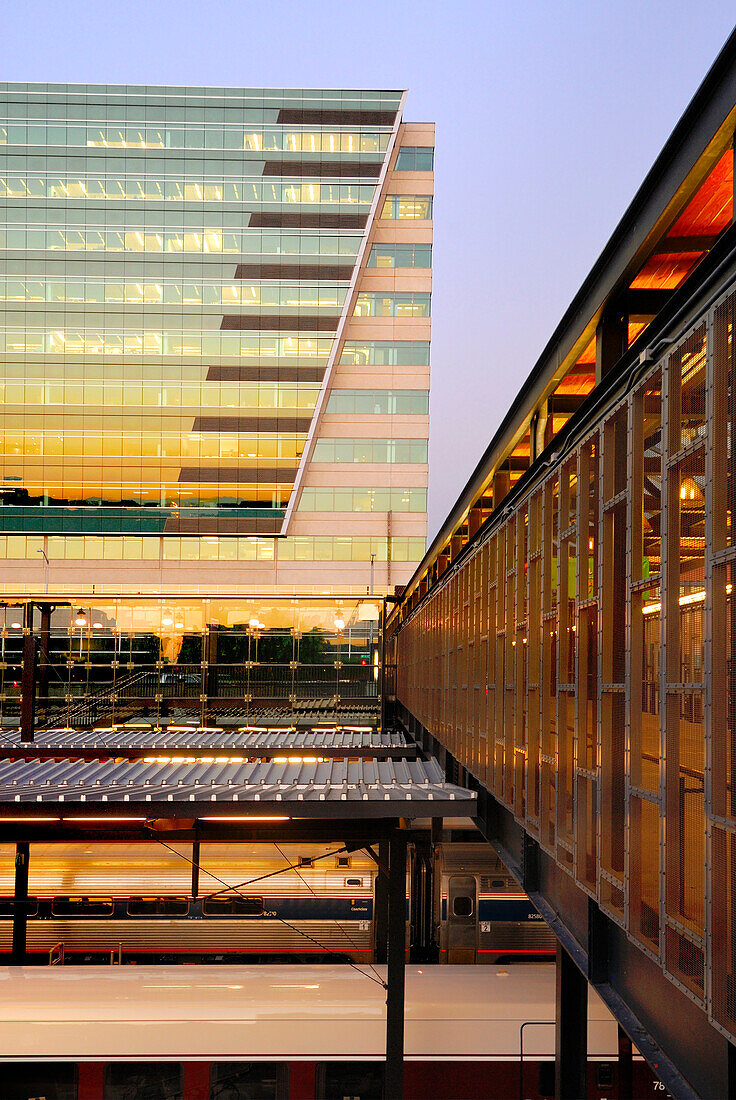 King Street railway station at dusk, Seattle city, modern architecture, glass building, reflections, USA
