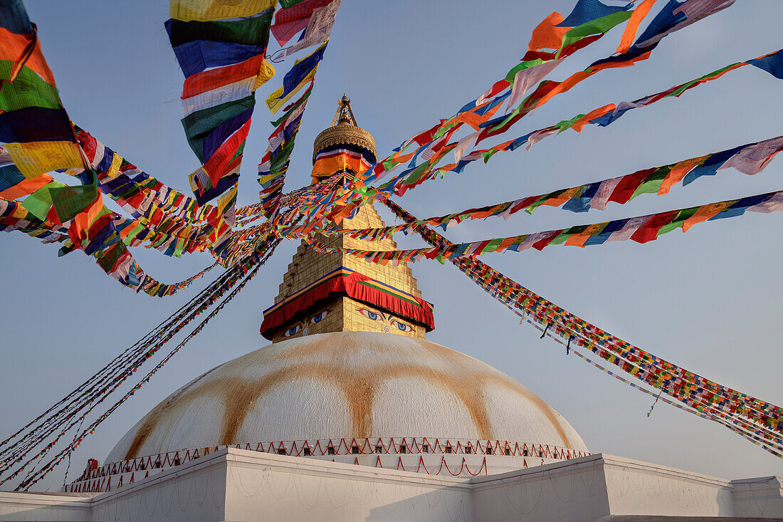 Dome with eyes of Bodnath (Boudhanath) Stupa, Kathmandu, Nepal, Himalayas, Asia