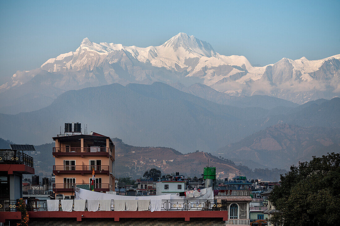 View over Pokhara to the Annapurna massif, Kaski, Nepal, Himalayas, Asia