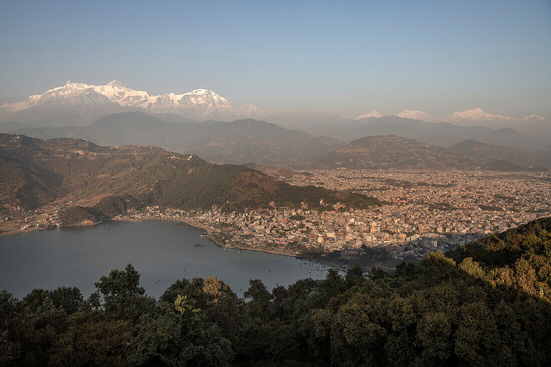View over Phewa Lake and Pokhara to the Annapurna Massif, Kaski, Nepal, Himalayas, Asia
