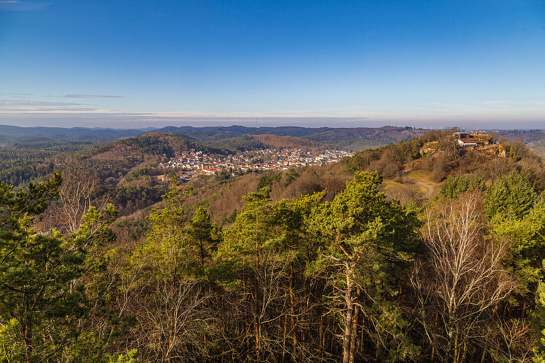 Blick auf die Burg Lemberg im Hintergrund Lemberg, Pfälzerwald, Südwestpfalz, Rheinland-Pfalz, Deutschland, Europa