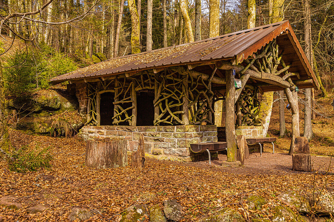 Klosterbrunnhütte im Naturpark Pfälzerwald, Lemberg, Südwestpfalz, Rheinland-Pfalz, Deutschland, Europa