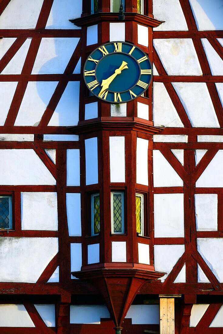 Half-timbered building of Town Hall,close-up of tower clock,Rathausplatz - Town hall square,Forchheim,Franconian Switzerland,Upper Franconia,Franconia,Bavaria,Germany,Europe
