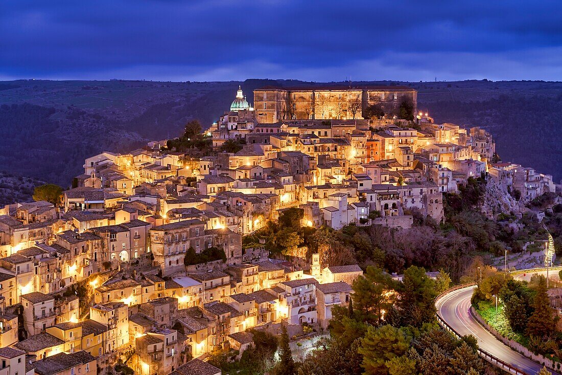 Panorama view of Ragusa Ibla old town at sunset. Sicily Italy.