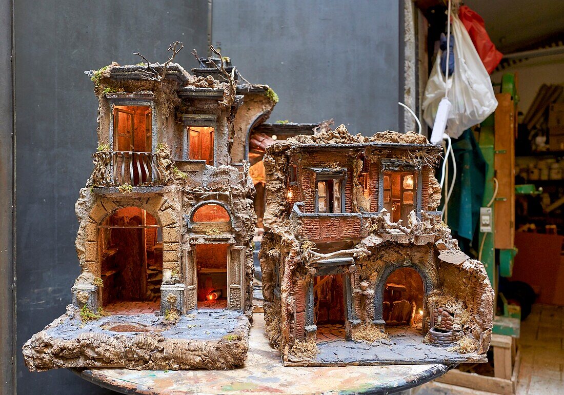 Naples Campania Italy. Hand crafted Christmas Nativity Scene in the artisan workshops of Via San Gregorio Armeno.